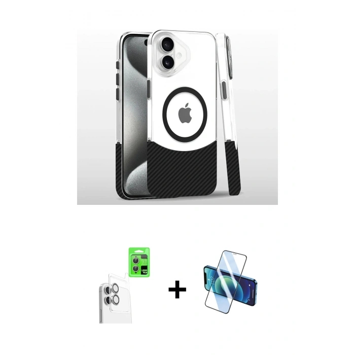 MARSİLYAN™- iPhone 16 Plus Kılıf İz Asil Prime - Siyah 3D Antistatik Seramik Nano Ekran Koruyucu + Raze Metal Kamera Lens - BZ