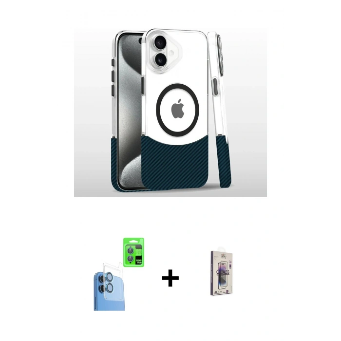 MARSİLYAN™- iPhone 16 Plus Kılıf İz Asil Prime - Siyah Bilvis 3D Cam Ekran Koruyucu + Raze Metal Kamera Lens - LT