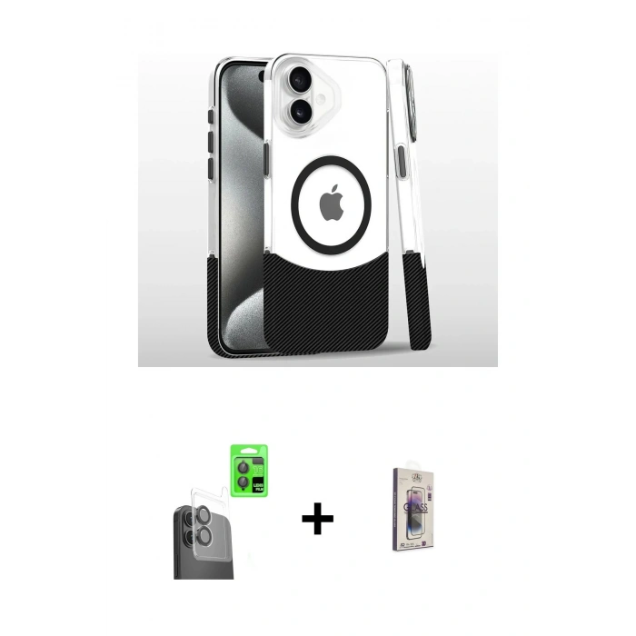 MARSİLYAN™- iPhone 16 Plus Kılıf İz Asil Prime - Siyah Bilvis 3D Cam Ekran Koruyucu + Siyah Raze Metal Kamera Lens
