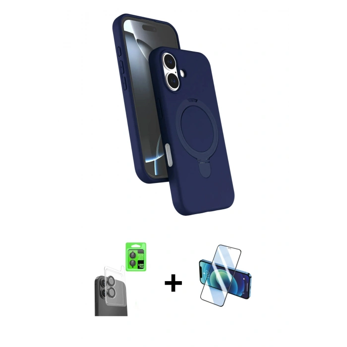 MARSİLYAN™- iPhone 16 Plus Kılıf İz Işık Koleksiyonu - Siyah 3D Antistatik Cam Ekran Koruyucu + Raze Metal Kamera Lens - SH