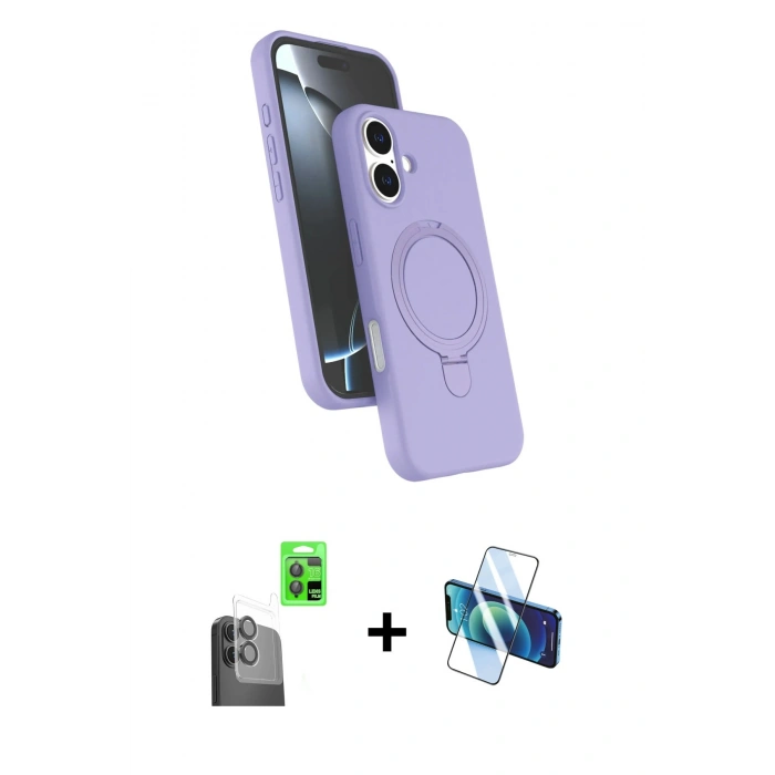 MARSİLYAN™- iPhone 16 Plus Kılıf İz Işık Koleksiyonu - Siyah 3D Antistatik Cam Ekran Koruyucu + Raze Metal Kamera Lens - SH