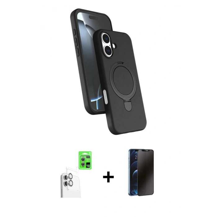 MARSİLYAN™- iPhone 16 Plus Kılıf İz Işık Koleksiyonu - Siyah 3D Antistatik Hayalet Cam Ekran Koruyucu + Raze Metal Kamera Lens - BZ