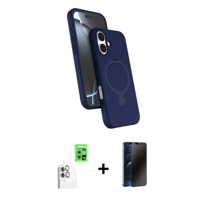 MARSİLYAN™- iPhone 16 Plus Kılıf İz Işık Koleksiyonu - Siyah 3D Antistatik Hayalet Cam Ekran Koruyucu + Raze Metal Kamera Lens - BZ