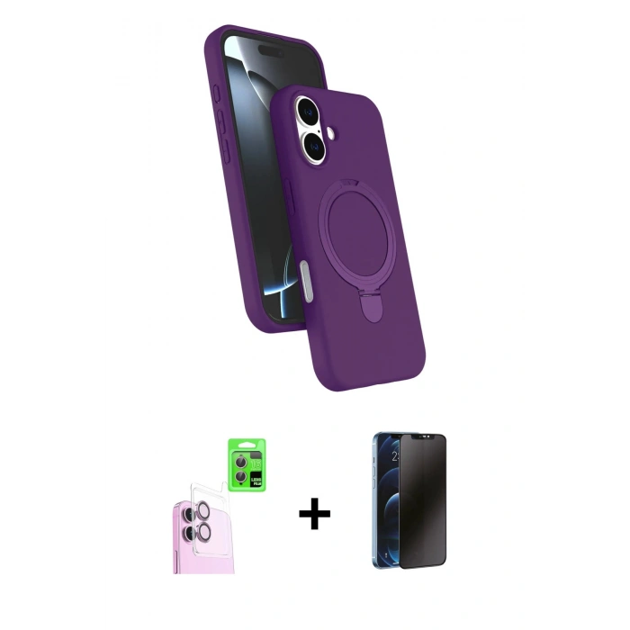 MARSİLYAN™- iPhone 16 Plus Kılıf İz Işık Koleksiyonu - Siyah 3D Antistatik Hayalet Cam Ekran Koruyucu + Raze Metal Kamera Lens - PE