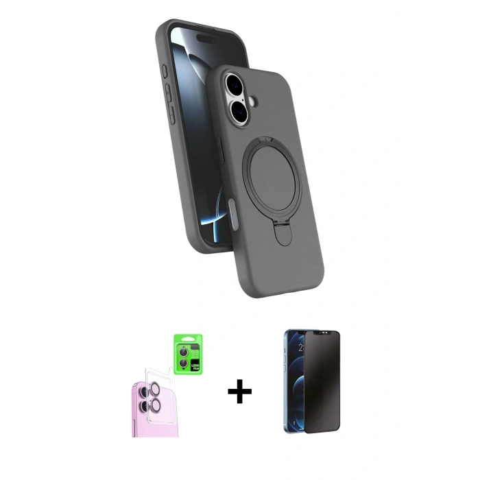 MARSİLYAN™- iPhone 16 Plus Kılıf İz Işık Koleksiyonu - Siyah 3D Antistatik Hayalet Cam Ekran Koruyucu + Raze Metal Kamera Lens - PE