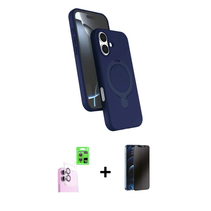 MARSİLYAN™- iPhone 16 Plus Kılıf İz Işık Koleksiyonu - Siyah 3D Antistatik Hayalet Cam Ekran Koruyucu + Raze Metal Kamera Lens - PE