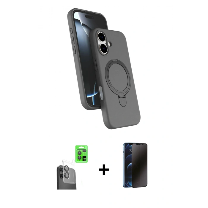 MARSİLYAN™- iPhone 16 Plus Kılıf İz Işık Koleksiyonu - Siyah 3D Antistatik Hayalet Cam Ekran Koruyucu + Raze Metal Kamera Lens - SH