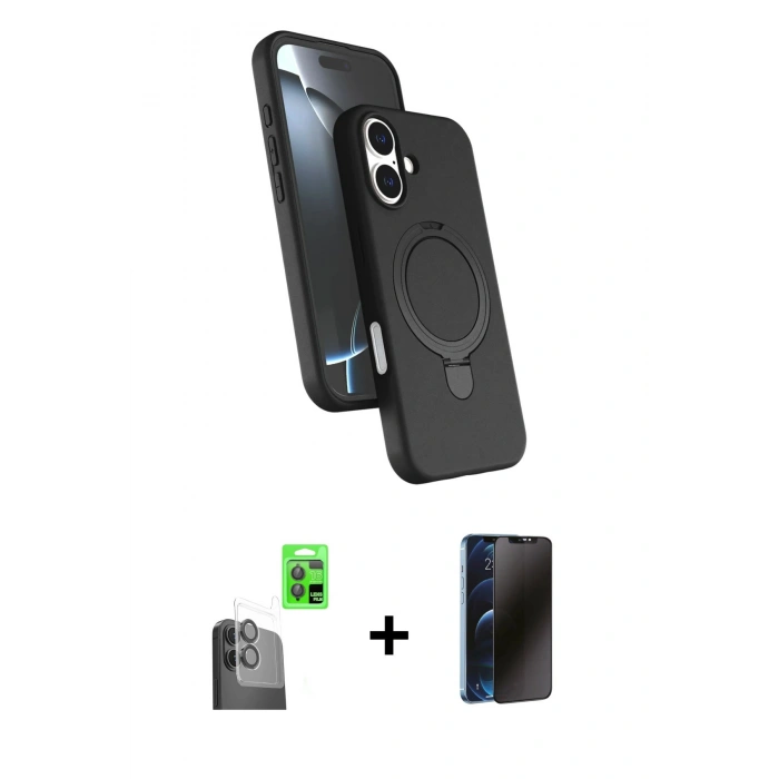 MARSİLYAN™- iPhone 16 Plus Kılıf İz Işık Koleksiyonu - Siyah 3D Antistatik Hayalet Cam Ekran Koruyucu + Raze Metal Kamera Lens - SH