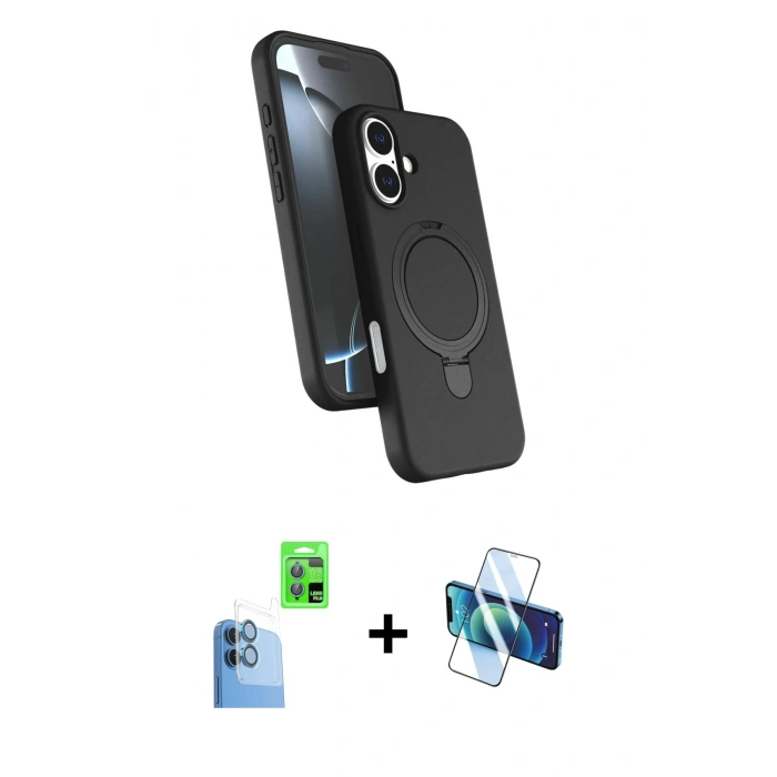 MARSİLYAN™- iPhone 16 Plus Kılıf İz Işık Koleksiyonu - Siyah 3D Antistatik Seramik Nano Ekran Koruyucu + Raze Metal Kamera Lens - LT