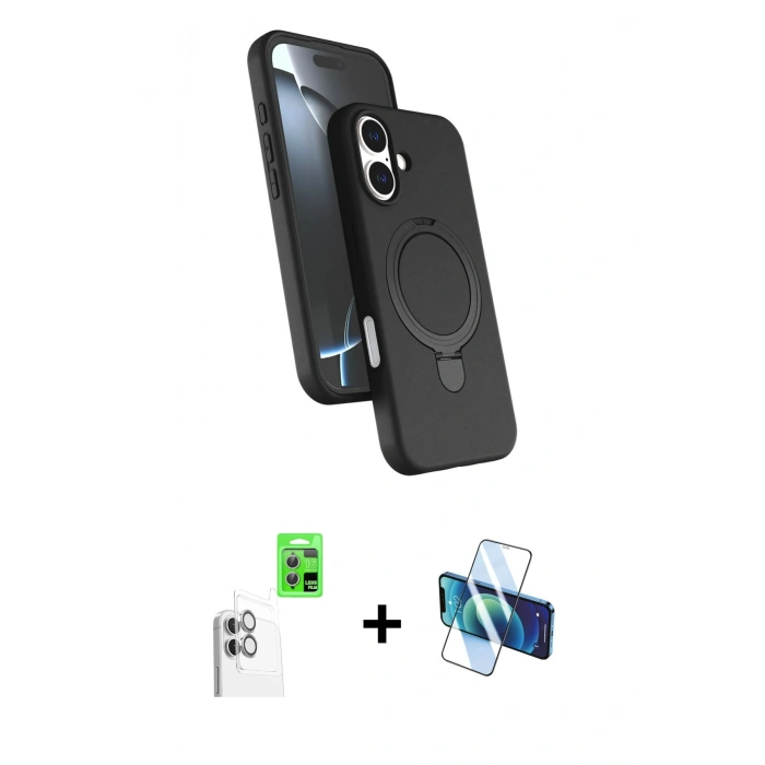 MARSİLYAN™- iPhone 16 Plus Kılıf İz Işık Koleksiyonu - Siyah 3D Antistatik Seramik Nano Ekran Koruyucu + Raze Metal Kamera Lens - BZ