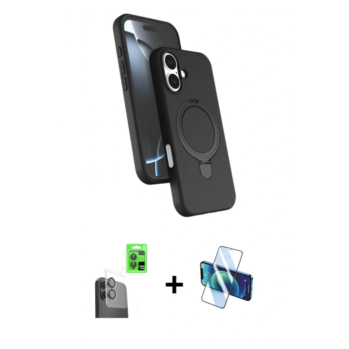 MARSİLYAN™- iPhone 16 Plus Kılıf İz Işık Koleksiyonu - Siyah 3D Antistatik Seramik Nano Ekran Koruyucu + Raze Metal Kamera Lens - SH