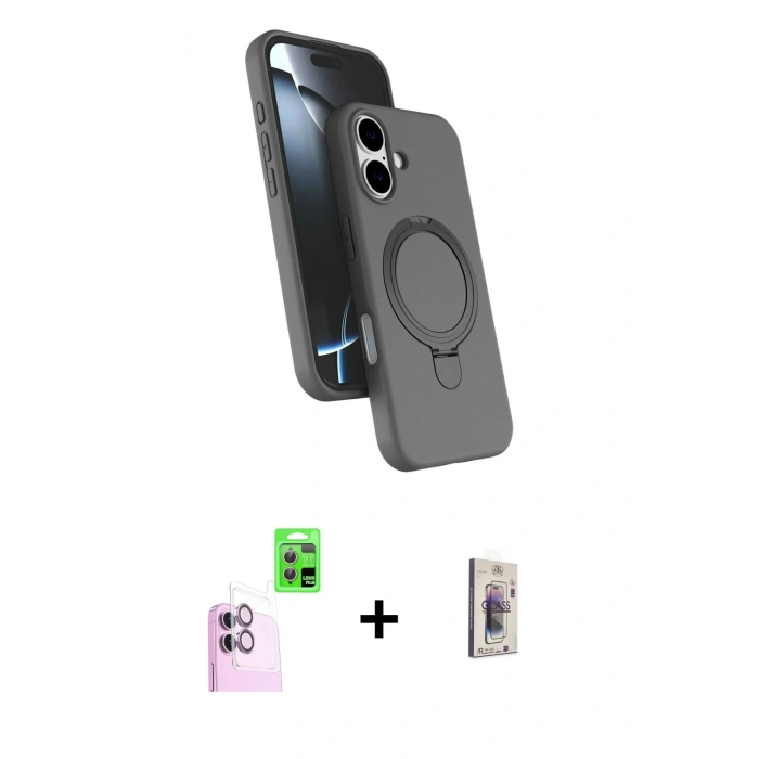 MARSİLYAN™- iPhone 16 Plus Kılıf İz Işık Koleksiyonu - Siyah Bilvis 3D Cam Ekran Koruyucu + Raze Metal Kamera Lens - PE