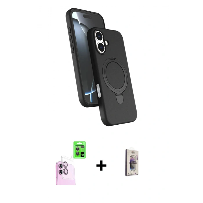 MARSİLYAN™- iPhone 16 Plus Kılıf İz Işık Koleksiyonu - Siyah Bilvis 3D Cam Ekran Koruyucu + Raze Metal Kamera Lens - PE
