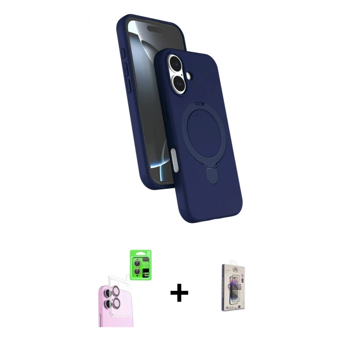 MARSİLYAN™- iPhone 16 Plus Kılıf İz Işık Koleksiyonu - Siyah Bilvis 3D Cam Ekran Koruyucu + Raze Metal Kamera Lens - PE