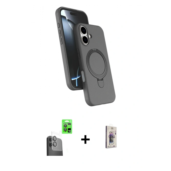 MARSİLYAN™- iPhone 16 Plus Kılıf İz Işık Koleksiyonu - Siyah Bilvis 3D Cam Ekran Koruyucu + Siyah Raze Metal Kamera Lens