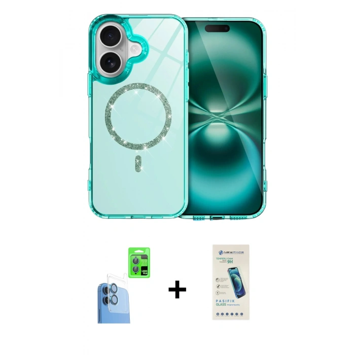 MARSİLYAN™- iPhone 16 Plus Kılıf Kıvılcım Form Prime - Şeffaf Pasifik Cam Ekran Koruyucu + Lacivert Raze Metal Kamera Lens