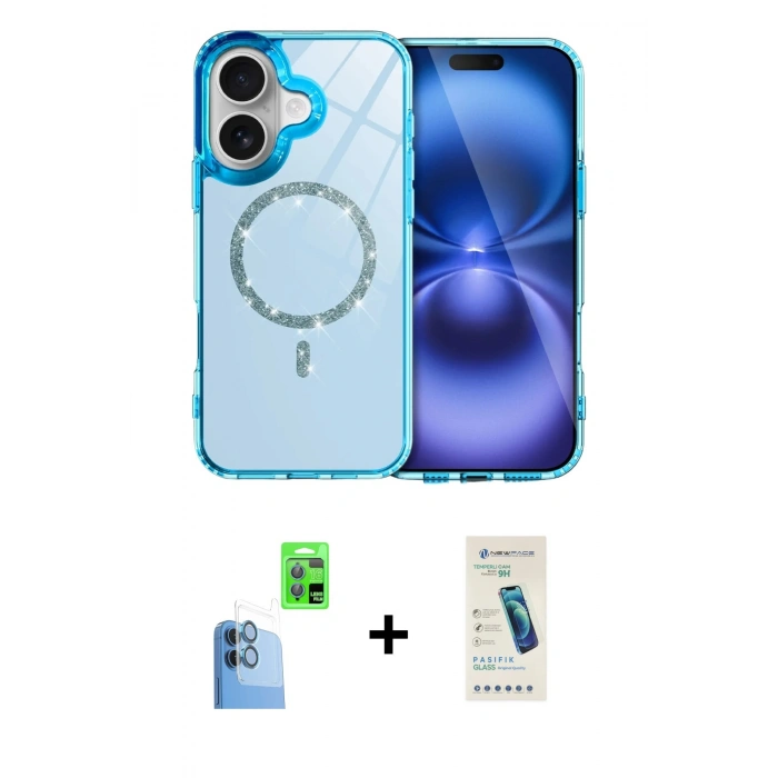 MARSİLYAN™- iPhone 16 Plus Kılıf Kıvılcım Form Prime - Şeffaf Pasifik Cam Ekran Koruyucu + Lacivert Raze Metal Kamera Lens
