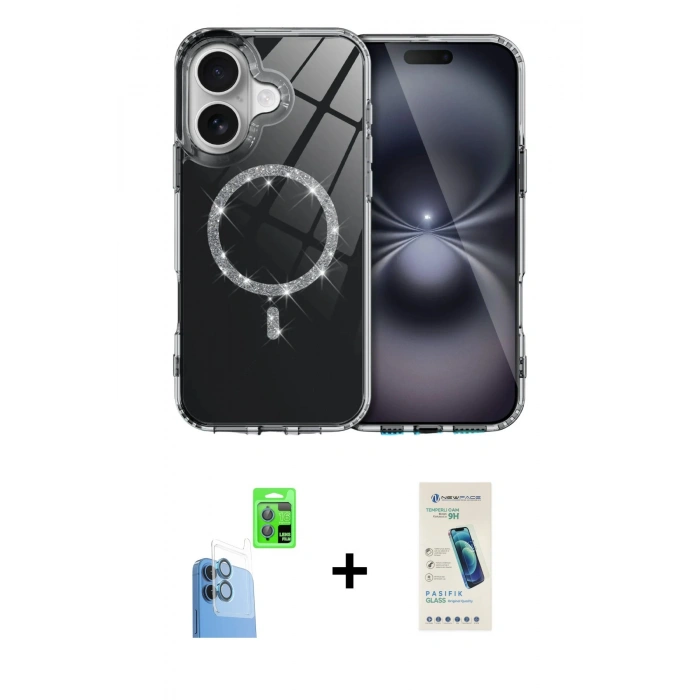 MARSİLYAN™- iPhone 16 Plus Kılıf Kıvılcım Form Prime - Şeffaf Pasifik Cam Ekran Koruyucu + Lacivert Raze Metal Kamera Lens