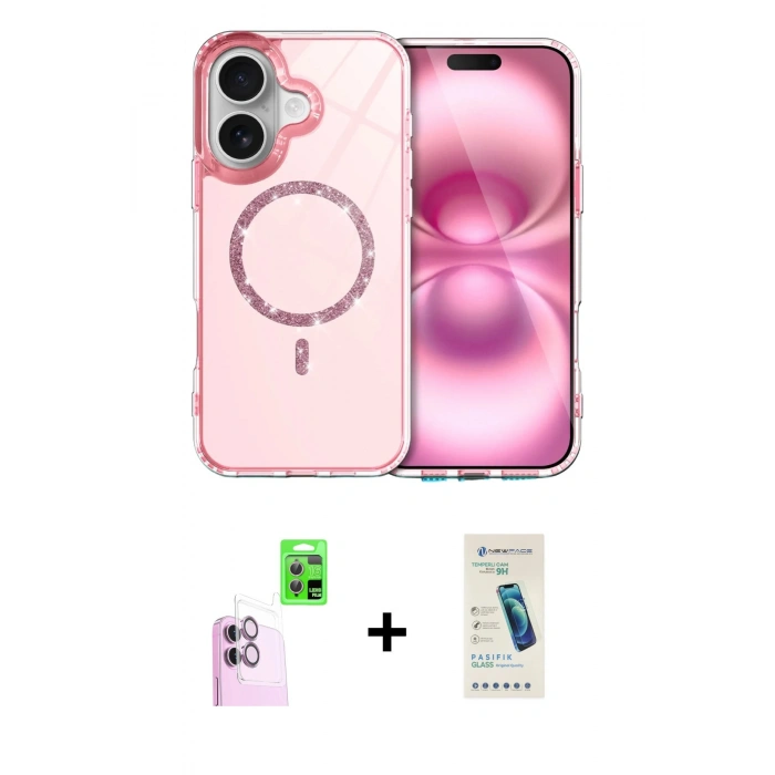MARSİLYAN™- iPhone 16 Plus Kılıf Kıvılcım Form Prime - Şeffaf Pasifik Cam Ekran Koruyucu + Raze Metal Kamera Lens - PE