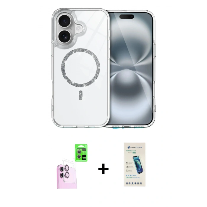 MARSİLYAN™- iPhone 16 Plus Kılıf Kıvılcım Form Prime - Şeffaf Pasifik Cam Ekran Koruyucu + Raze Metal Kamera Lens - PE