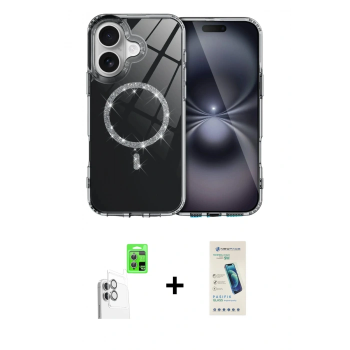 MARSİLYAN™- iPhone 16 Plus Kılıf Kıvılcım Form Prime - Şeffaf Pasifik Cam Ekran Koruyucu + Raze Metal Kamera Lens - BZ
