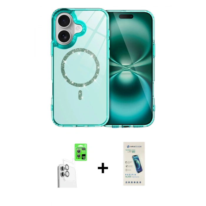 MARSİLYAN™- iPhone 16 Plus Kılıf Kıvılcım Form Prime - Şeffaf Pasifik Cam Ekran Koruyucu + Raze Metal Kamera Lens - BZ