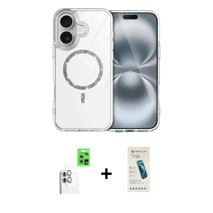 MARSİLYAN™- iPhone 16 Plus Kılıf Kıvılcım Form Prime - Şeffaf Pasifik Cam Ekran Koruyucu + Raze Metal Kamera Lens - BZ