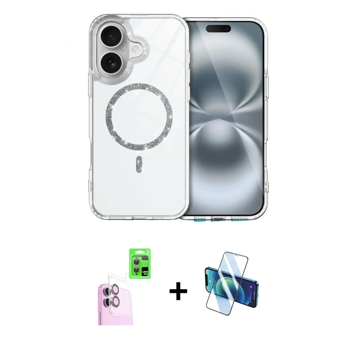 MARSİLYAN™- iPhone 16 Plus Kılıf Kıvılcım Form Prime - Siyah 3D Antistatik Cam Ekran Koruyucu + Raze Metal Kamera Lens - PE