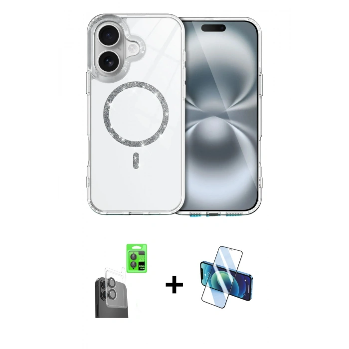 MARSİLYAN™- iPhone 16 Plus Kılıf Kıvılcım Form Prime - Siyah 3D Antistatik Cam Ekran Koruyucu + Raze Metal Kamera Lens - SH