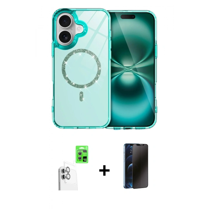 MARSİLYAN™- iPhone 16 Plus Kılıf Kıvılcım Form Prime - Siyah 3D Antistatik Hayalet Cam Ekran Koruyucu + Beyaz Raze Metal Kamera Lens