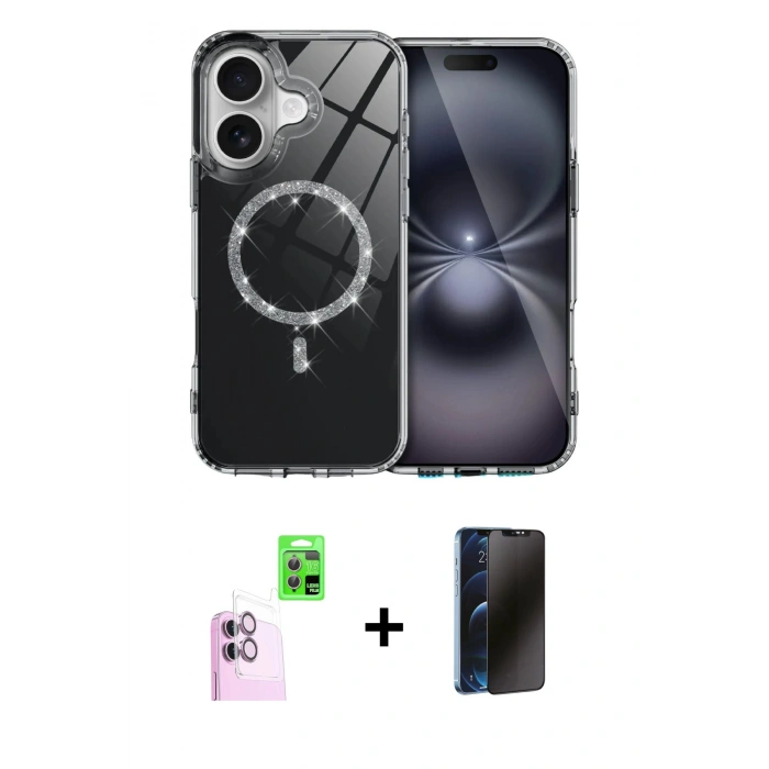 MARSİLYAN™- iPhone 16 Plus Kılıf Kıvılcım Form Prime - Siyah 3D Antistatik Hayalet Cam Ekran Koruyucu + Pembe Raze Metal Kamera Lens