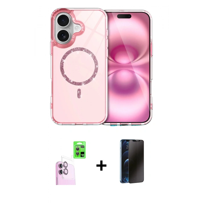 MARSİLYAN™- iPhone 16 Plus Kılıf Kıvılcım Form Prime - Siyah 3D Antistatik Hayalet Cam Ekran Koruyucu + Pembe Raze Metal Kamera Lens