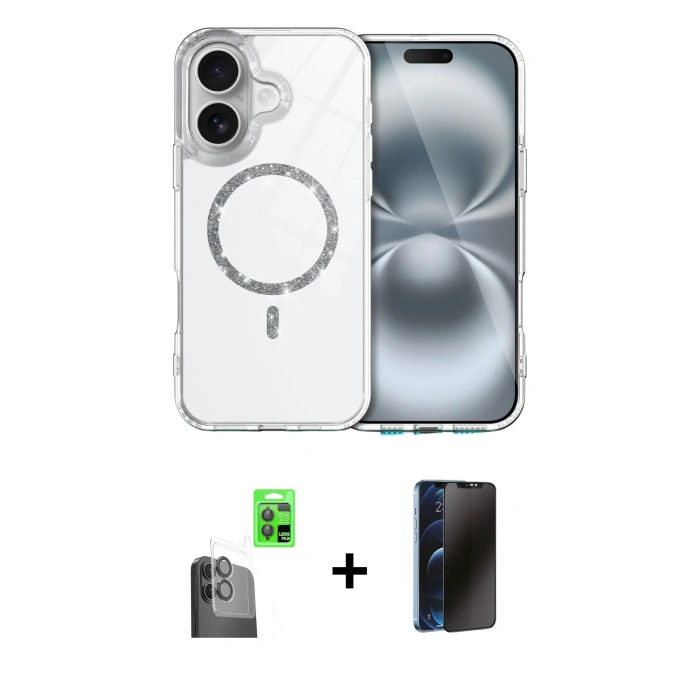 MARSİLYAN™- iPhone 16 Plus Kılıf Kıvılcım Form Prime - Siyah 3D Antistatik Hayalet Cam Ekran Koruyucu + Raze Metal Kamera Lens - SH