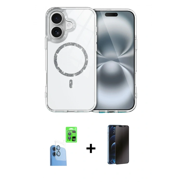 MARSİLYAN™- iPhone 16 Plus Kılıf Kıvılcım Form Prime - Siyah 3D Antistatik Hayalet Cam Ekran Koruyucu + Raze Metal Kamera Lens - LT