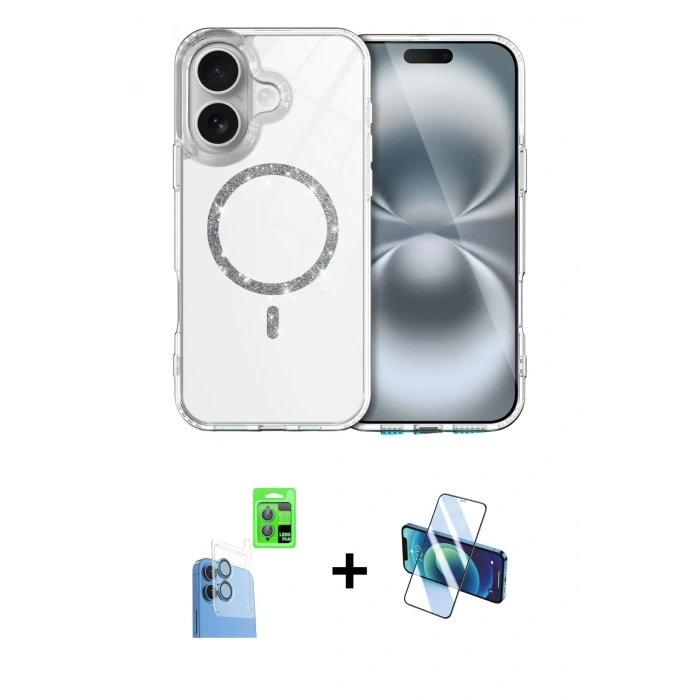 MARSİLYAN™- iPhone 16 Plus Kılıf Kıvılcım Form Prime - Siyah 3D Antistatik Seramik Nano Ekran Koruyucu + Lacivert Raze Metal Kamera Lens