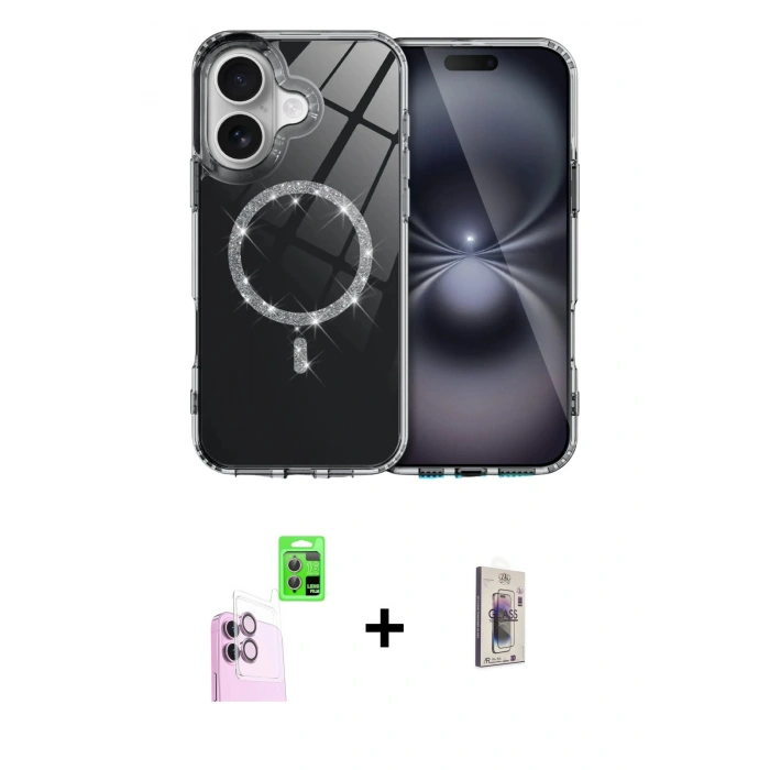 MARSİLYAN™- iPhone 16 Plus Kılıf Kıvılcım Form Prime - Siyah Bilvis 3D Cam Ekran Koruyucu + Raze Metal Kamera Lens - PE