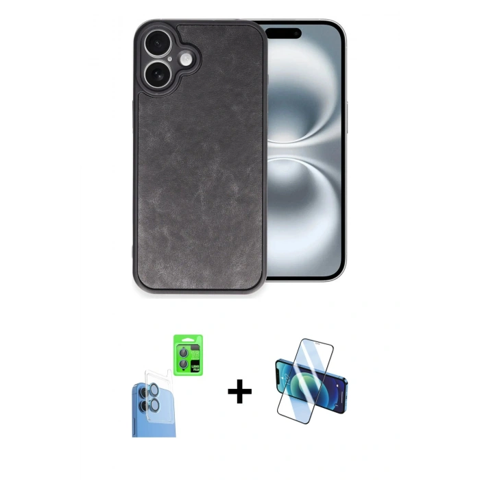 MARSİLYAN™- iPhone 16 Plus Kılıf Kıvılcım Işık Serisi - Siyah 3D Antistatik Cam Ekran Koruyucu + Raze Metal Kamera Lens - LT