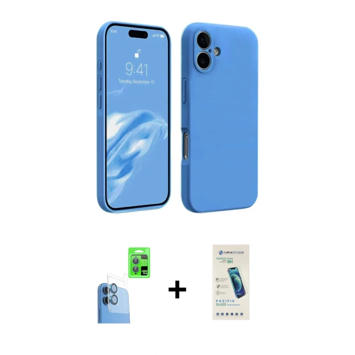 MARSİLYAN™- iPhone 16 Plus Kılıf Kozmos Yansıma Özel Seri - Şeffaf Pasifik Cam Ekran Koruyucu + Lacivert Raze Metal Kamera Lens