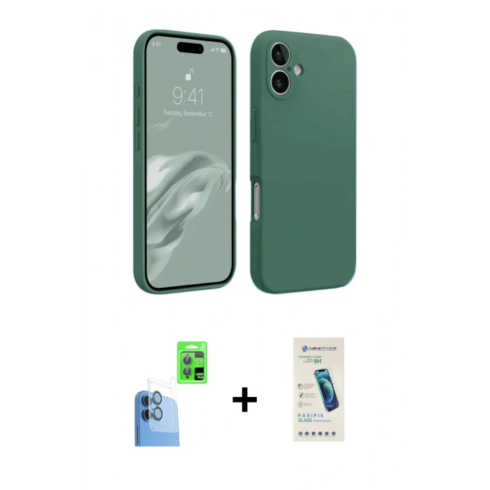 MARSİLYAN™- iPhone 16 Plus Kılıf Kozmos Yansıma Özel Seri - Şeffaf Pasifik Cam Ekran Koruyucu + Lacivert Raze Metal Kamera Lens