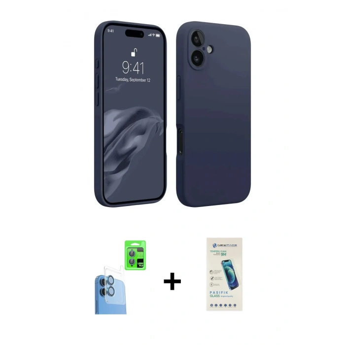 MARSİLYAN™- iPhone 16 Plus Kılıf Kozmos Yansıma Özel Seri - Şeffaf Pasifik Cam Ekran Koruyucu + Lacivert Raze Metal Kamera Lens