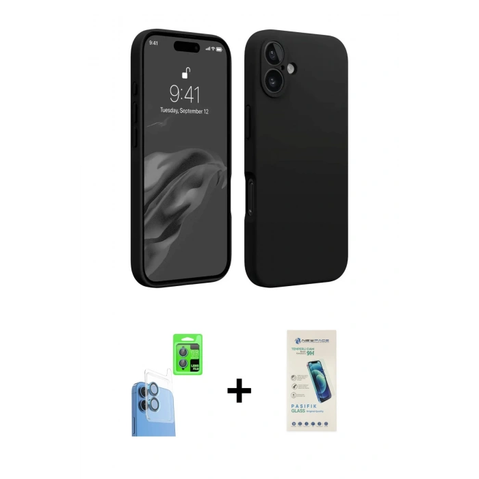 MARSİLYAN™- iPhone 16 Plus Kılıf Kozmos Yansıma Özel Seri - Şeffaf Pasifik Cam Ekran Koruyucu + Lacivert Raze Metal Kamera Lens