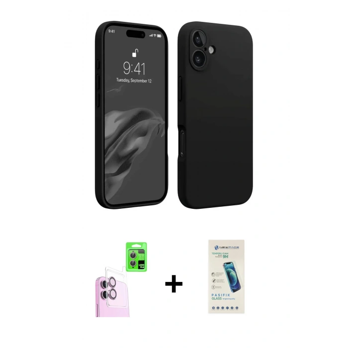 MARSİLYAN™- iPhone 16 Plus Kılıf Kozmos Yansıma Özel Seri - Şeffaf Pasifik Cam Ekran Koruyucu + Raze Metal Kamera Lens - PE