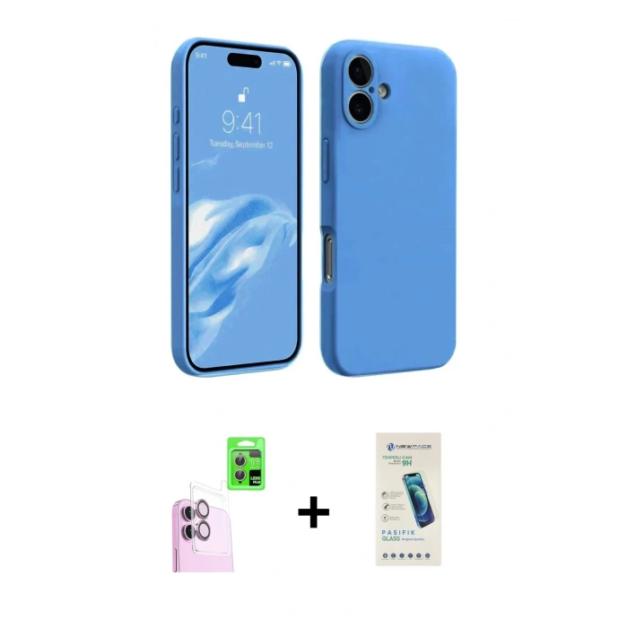 MARSİLYAN™- iPhone 16 Plus Kılıf Kozmos Yansıma Özel Seri - Şeffaf Pasifik Cam Ekran Koruyucu + Raze Metal Kamera Lens - PE