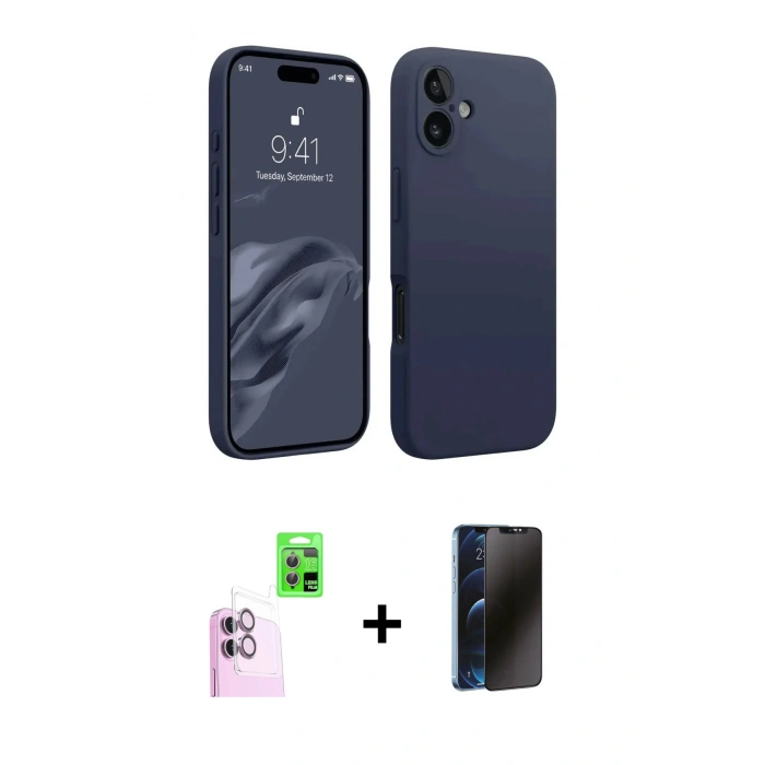 MARSİLYAN™- iPhone 16 Plus Kılıf Kozmos Yansıma Özel Seri - Siyah 3D Antistatik Hayalet Cam Ekran Koruyucu + Raze Metal Kamera Lens - PE
