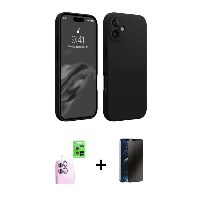 MARSİLYAN™- iPhone 16 Plus Kılıf Kozmos Yansıma Özel Seri - Siyah 3D Antistatik Hayalet Cam Ekran Koruyucu + Raze Metal Kamera Lens - PE