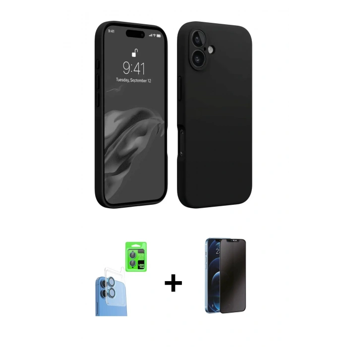 MARSİLYAN™- iPhone 16 Plus Kılıf Kozmos Yansıma Özel Seri - Siyah 3D Antistatik Hayalet Cam Ekran Koruyucu + Raze Metal Kamera Lens - LT