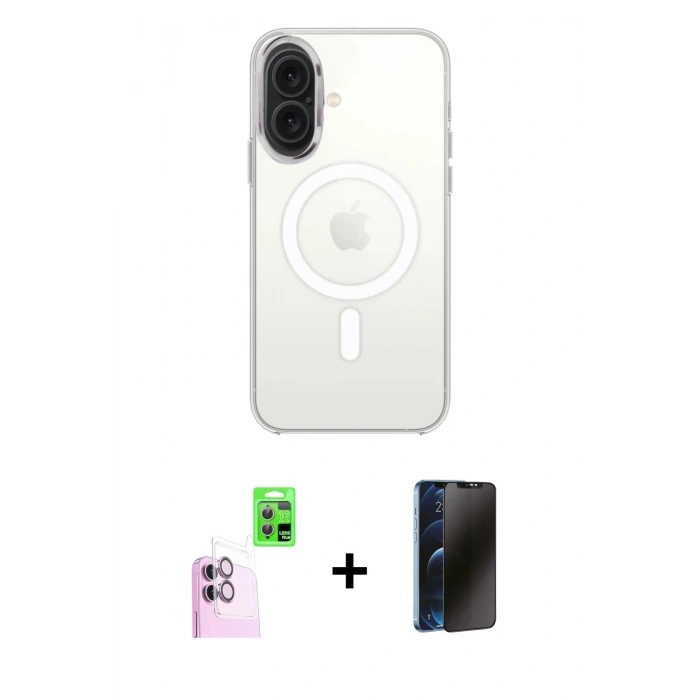 MARSİLYAN™- iPhone 16 Plus Kılıf Kutup Klasik Serisi - Siyah 3D Antistatik Hayalet Cam Ekran Koruyucu + Raze Metal Kamera Lens - PE