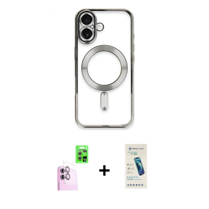 MARSİLYAN™- iPhone 16 Plus Kılıf Nova Işık Özel Seri - Şeffaf Pasifik Cam Ekran Koruyucu + Raze Metal Kamera Lens - PE