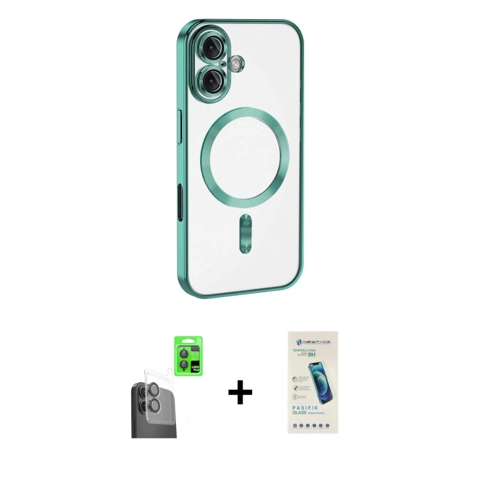 MARSİLYAN™- iPhone 16 Plus Kılıf Nova Işık Özel Seri - Şeffaf Pasifik Cam Ekran Koruyucu + Raze Metal Kamera Lens - SH