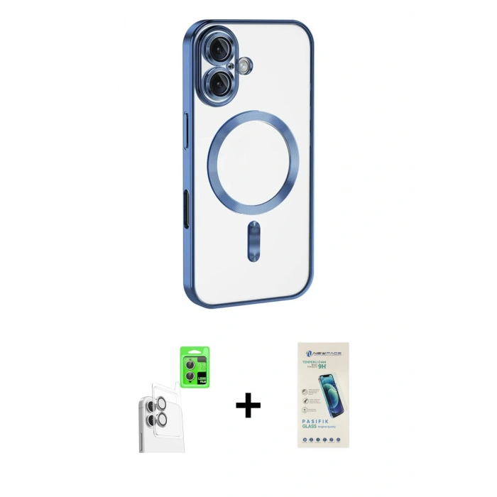 MARSİLYAN™- iPhone 16 Plus Kılıf Nova Işık Özel Seri - Şeffaf Pasifik Cam Ekran Koruyucu + Raze Metal Kamera Lens - BZ